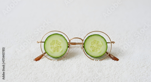 Unique Cucumber Glasses Displayed on Soft Towel Background, Eye-catching Visual Content in Bright Environment, Quirky Concept