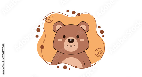A cute brown cartoon bear with rosy cheeks surrounded by decorative elements.
