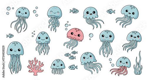 A collection of cute cartoon jellyfish and small fish swimming in the ocean.