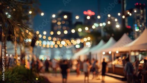 Night festival scene with people enjoying music, tents, and lively bokeh atmosphere under glowing string lights
