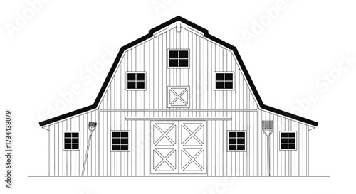 Traditional gambrel roof barn design with large double doors and multiple windows.