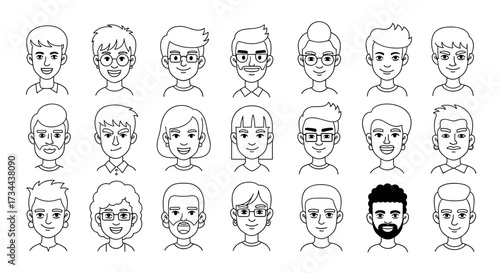 A diverse collection of hand-drawn portraits representing various individuals with different hairstyles and expressions.