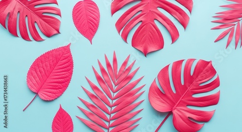 Vibrant Pink Tropical Leaves on Light Blue Background, Flat Lay