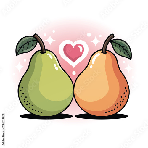 Two pears in love with a heart background