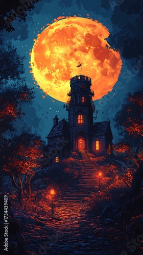 Hauntingly beautiful mansion under a giant, glowing orange moon, beckoning with mystery and eerie charm