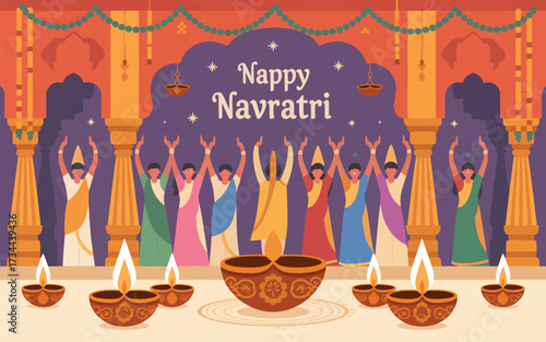 Indian people celebrating Navratri with diyas and decorations