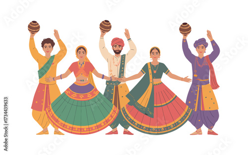 Five people in traditional Indian clothing holding pots