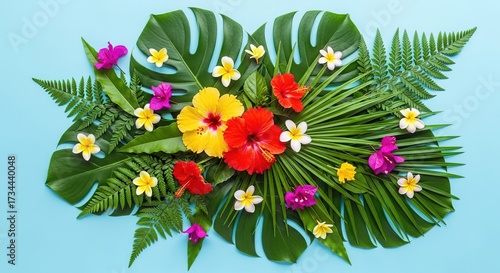 Vibrant tropical floral arrangement with hibiscus, plumeria, and