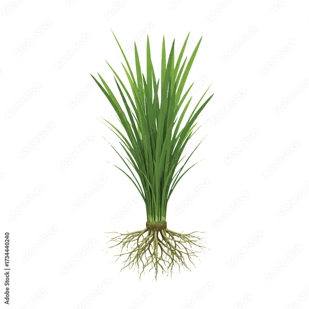 Fototapeta premium Realistic 3D vector illustration of a healthy rice plant showcasing its intricate root system, precisely isolated on a clean white background.