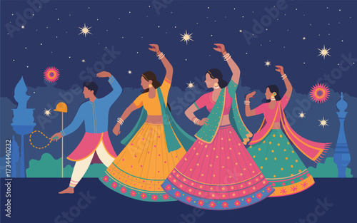 Four people in traditional Indian clothing dancing under a starry night sky