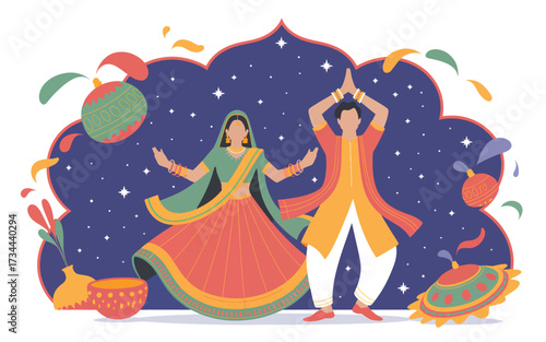 Couple dancing in traditional Indian attire under starry sky