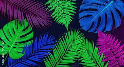 Vibrant Tropical Foliage Composition with Bold Colors and Dark B