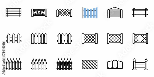 Discover a versatile collection of modern fence and barrier icons, perfect for enhancing property design, landscaping projects, and security illustrations with clear, scalable visual elements