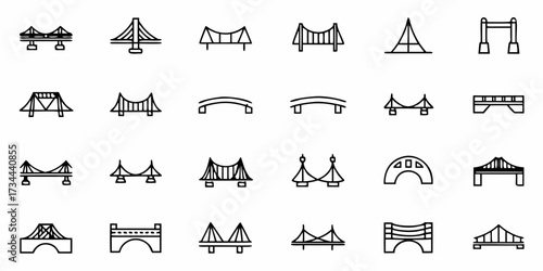 Discover a stunning collection of diverse bridge icons, perfect for illustrating connectivity, engineering, and urban development in modern designs.
