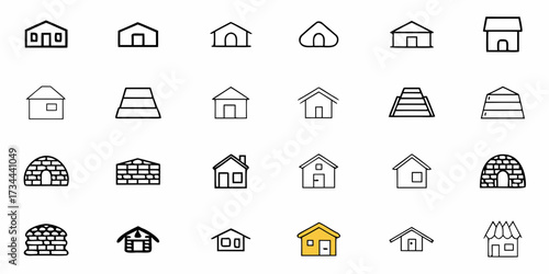 Diverse collection of simple house and building icons offering a wide range of architectural styles and dwelling types for your creative projects