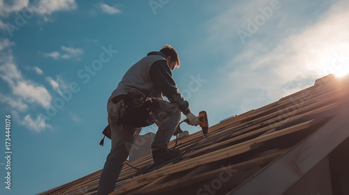 Wallpaper Mural Roofing Construction Worker with Tools Under Blue Sky: Professional Renovation and Repair in the Residential Housing Industry Torontodigital.ca