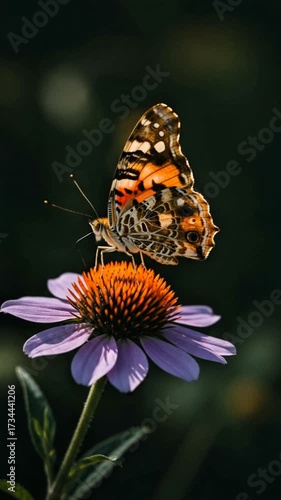 Painted lady butterfly gracefully rests upon a vibrant purple coneflower in a garden, with wings displayed in beautiful detail