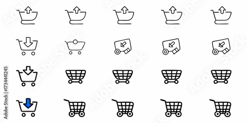 Dynamic shopping cart icons capture online retail actions like adding to cart, checkout, and returns, perfect for e-commerce websites and digital marketing campaigns seeking clear transactional visual