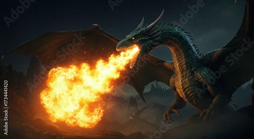 Majestic dragon exhales a burst of intense flames in a dark fantasy scene