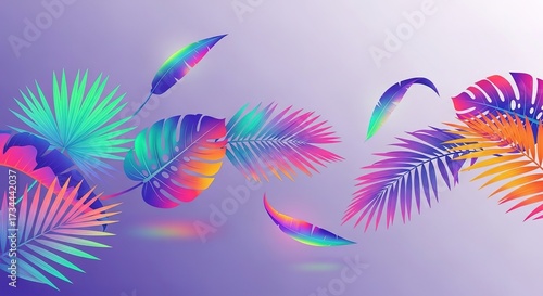 Vibrant Tropical Leaves in a Rainbow of Colors Against Purple Ba