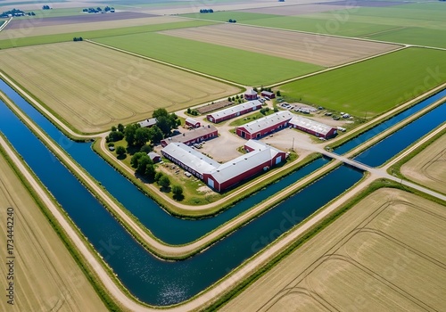 Sustainable Farming: Aerial View of Fertile Agricultural Land and Waterways for Crop Production and Water Management in Rural America, Promoting Environmental Stewardship