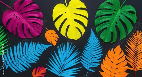 Vibrant tropical leaves in bold colors on a dark background crea