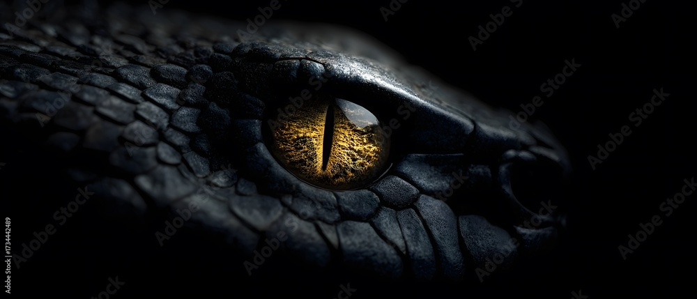 Fototapeta premium view showcases a dark, textured snake with a vibrant, gold-colored eye; dramatic lighting creates a mysterious and captivating atmosphere, emphasizing the intricate scales and the animal's intense...