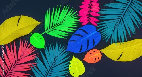 Vibrant tropical leaves in neon colors against a dark background