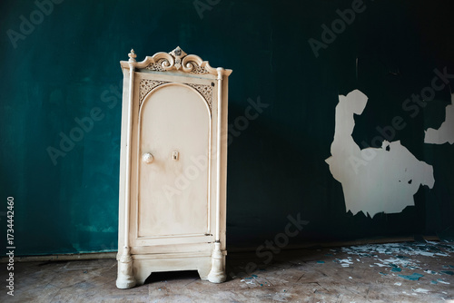An antique safe in a room in an abandoned building. Blue walls. Light and shadows.