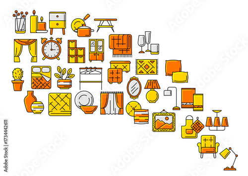 Home decor icons background. Domestic items thin line illustration.