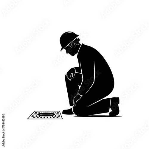 Manhole worker isolated on white background black and white vector illustration of sewer worker