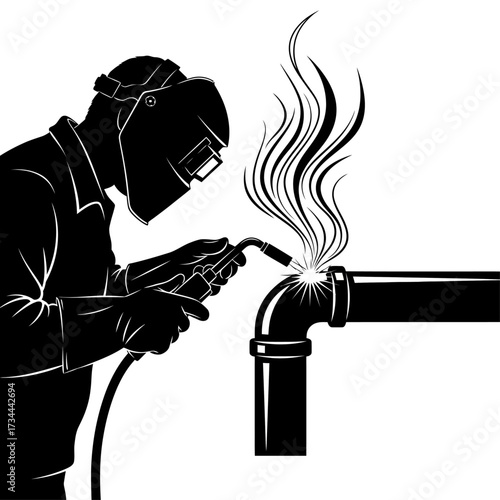 Welder at work welding a pipe isolated on white background black and white vector illustration