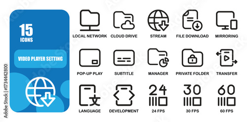 A line style icon set of 15 video player settings, including local network, cloud drive, stream, file download, mirroring, pop-up play, subtitle, manager, private folder, transfer, language, developme
