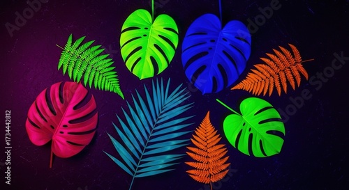 Vibrant Tropical Leaves in Vivid Colors Against a Dark, Textured
