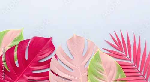 Vibrant tropical leaves in shades of pink, green, and red agains
