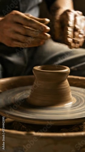 Potter shaping clay on a spinning wheel to create a unique vase in a workshop, a serene craftsmanship process