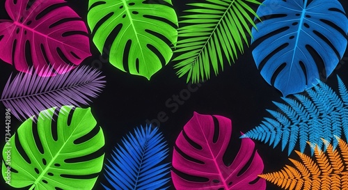 Vibrant Tropical Leaves on Black Backdrop: Monstera, Palm, and F
