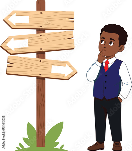 Decision making cartoon character, blank signpost with arrows, confused person choosing direction, vector illustration, flat design, cad drawing