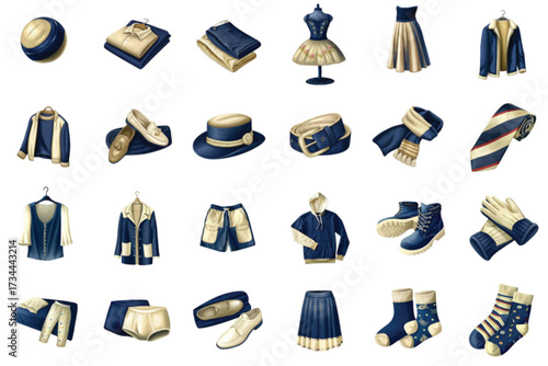 Collection of vintage clothing and accessories in navy and cream  