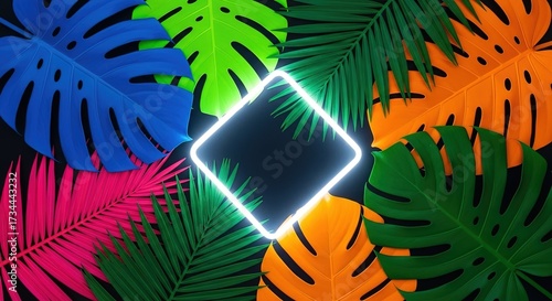 Vibrant Tropical Leaves with Neon Frame on Black Background, Art