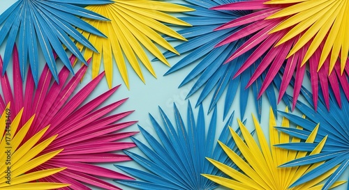 Vibrant Tropical Palm Leaves in Blue, Yellow, and Pink on Light