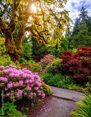 Vibrant garden path through a spring forest