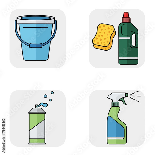 Cleaning supplies isolated on white background bucket, sponge, bottle of detergent and aerosol can