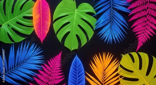 Vivid neon tropical leaves on black background, a vibrant botani