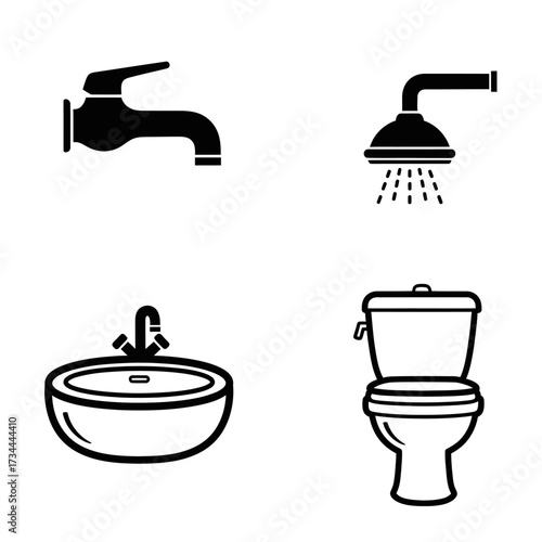 Black bathroom fixtures icons isolated on white background, including sink, faucet, shower, toilet
