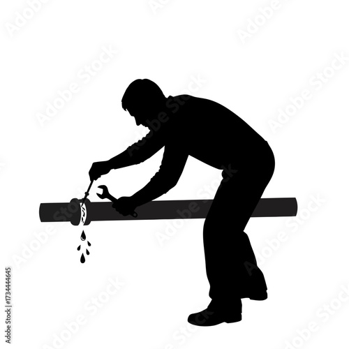 Black silhouette of a plumber repairing a leaky pipe isolated on white background vector illustration