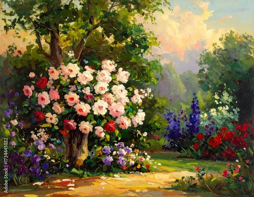 Vibrant garden scene with blooming flowers and trees