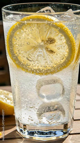 Refreshing sparkling water with lemon slices and ice cubes for a cool summer drink on a wooden table outdoors