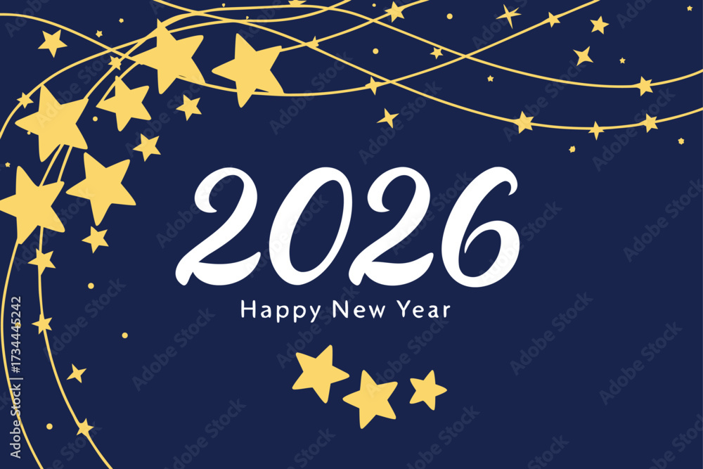 Fototapeta premium Happy New Year 2026 Greeting with Yellow Stars and Swirling Lines on Navy Blue Background celebration