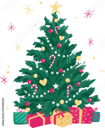 Hand-Drawn Christmas Tree with Gifts and Decorations Holiday Clipart Illustration